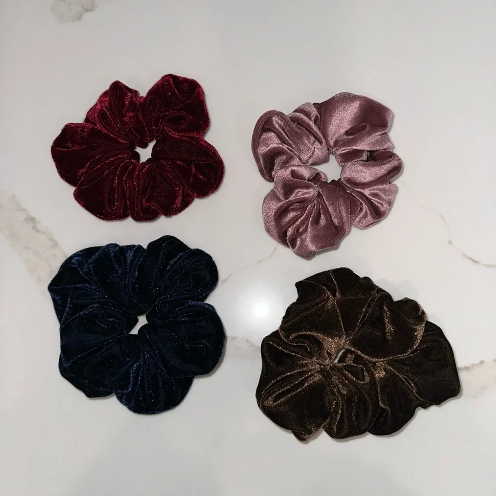 4 Beautiful velvet hair scrunchies pony holders. New!! Gorgeous colors